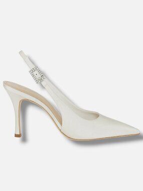 22élevé Womens White Crystal Buckle 90MM Satin Slingback Pumps Size 37